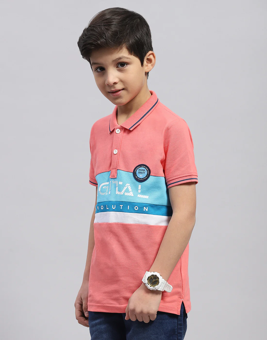 Boys Coral Printed Polo Collar Half Sleeve T-Shirt - Image 3