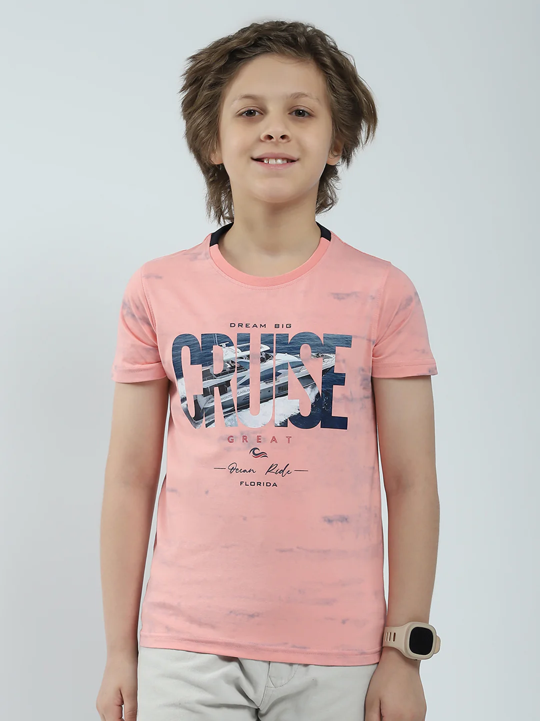 Boys Coral Printed Round Neck Half Sleeve T-Shirt