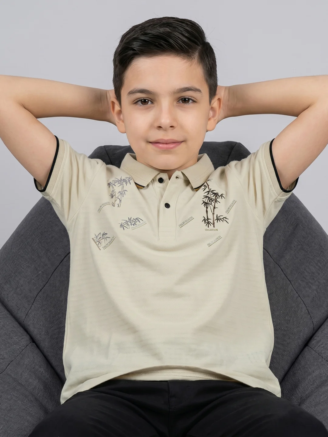 Boys Cream Printed Collar Half Sleeve T-Shirt - Image 5