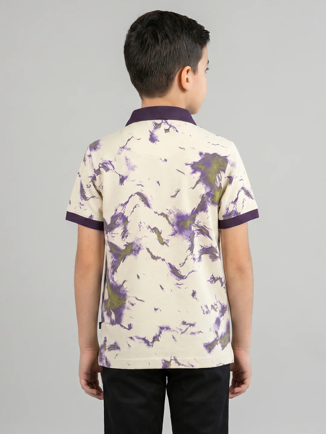 Boys Cream Printed Collar Half Sleeve T-Shirt - Image 4