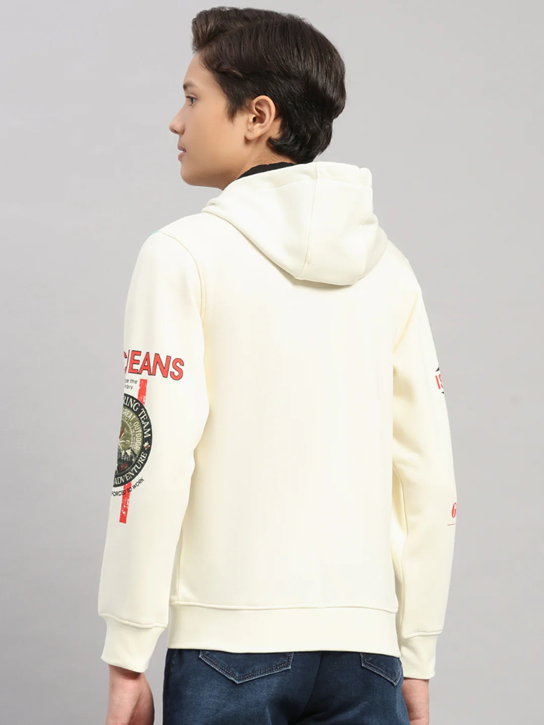 Boys Cream Printed Hooded Full Sleeve Sweatshirt - Image 5