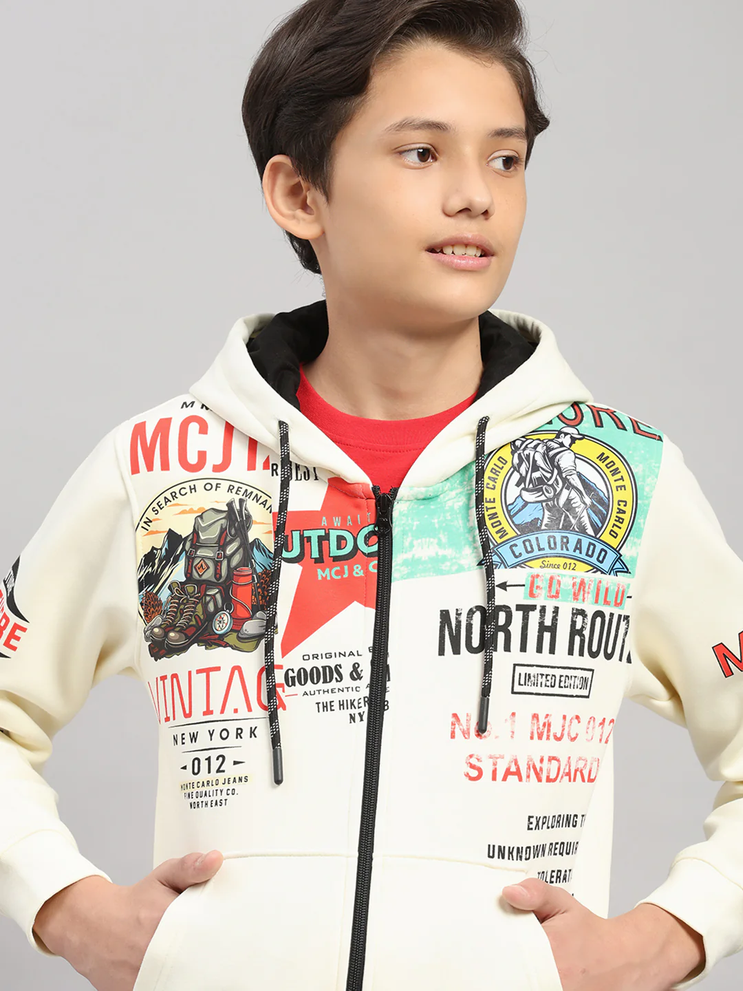 Boys Cream Printed Hooded Full Sleeve Sweatshirt - Image 7