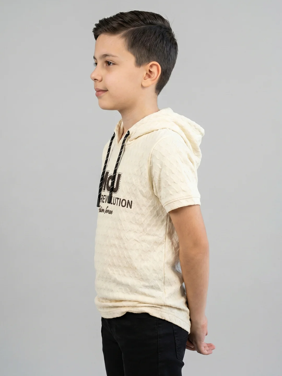 Boys Cream Printed Hooded Half Sleeve T-Shirt - Image 3