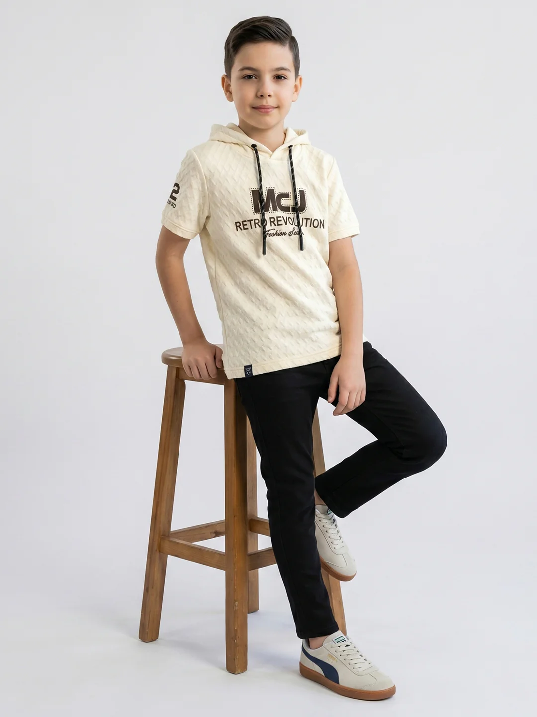 Boys Cream Printed Hooded Half Sleeve T-Shirt - Image 5