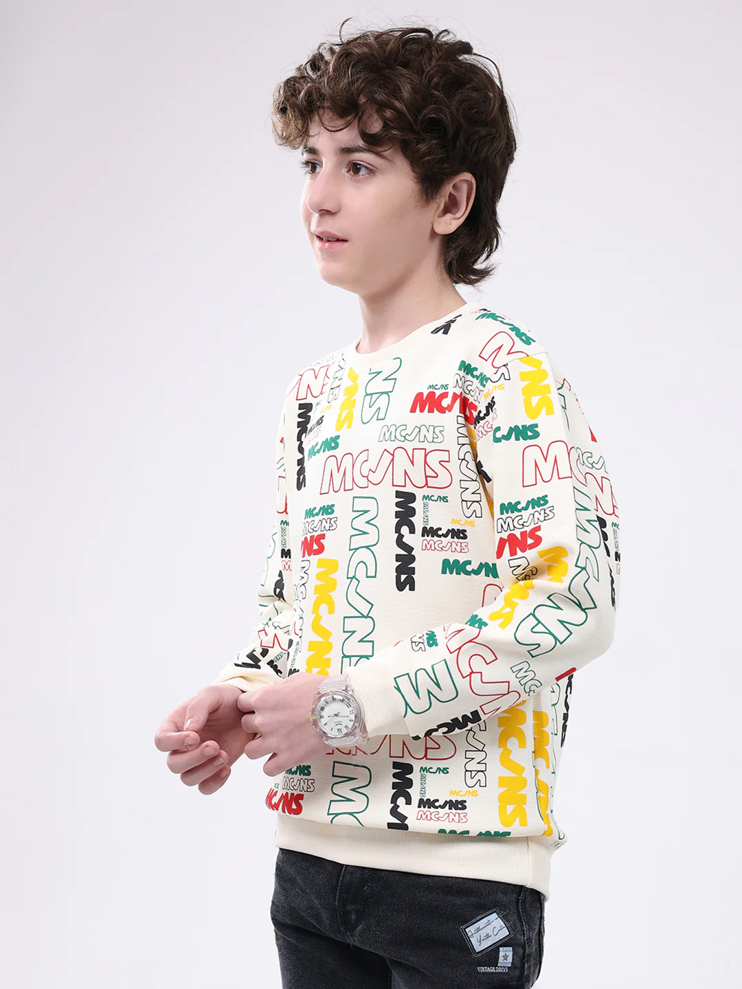 Boys Cream Printed Round Neck Full Sleeve Sweatshirt - Image 3