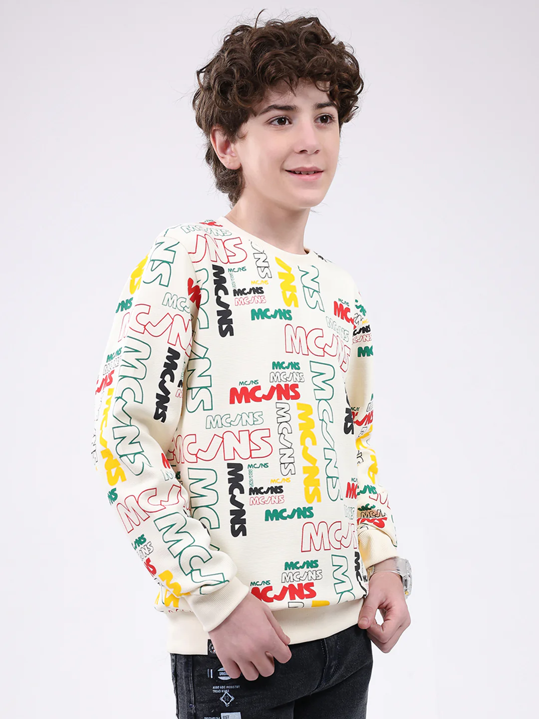 Boys Cream Printed Round Neck Full Sleeve Sweatshirt - Image 4