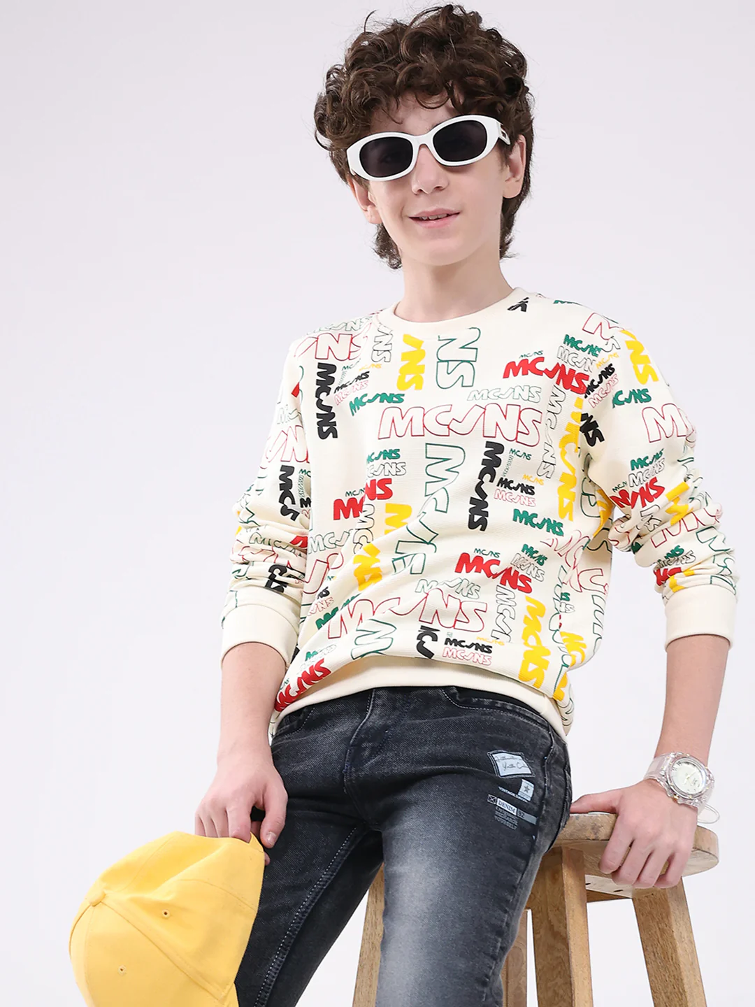 Boys Cream Printed Round Neck Full Sleeve Sweatshirt - Image 6