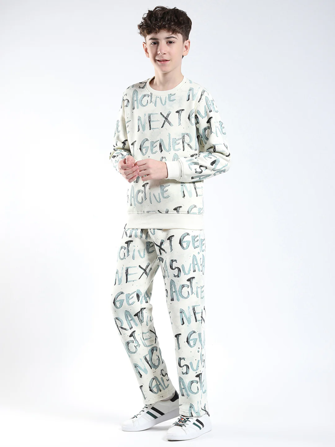 Boys Cream Printed Round Neck Full Sleeve Winter Tracksuit - Image 3