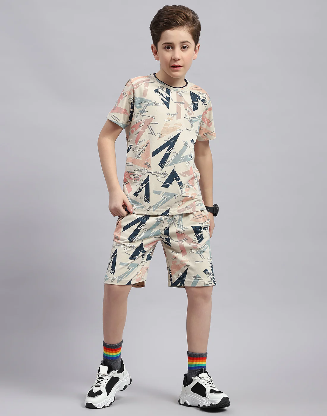 Boys Cream Printed Round Neck Half Sleeve Bermuda Set - Image 2