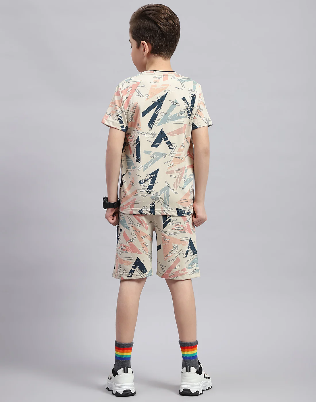 Boys Cream Printed Round Neck Half Sleeve Bermuda Set - Image 5