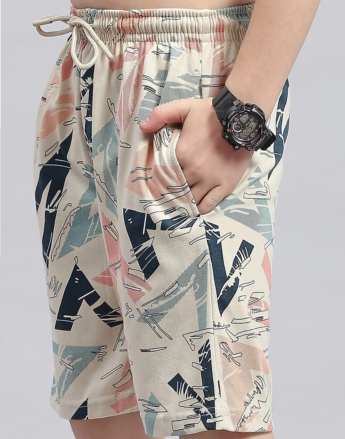 Boys Cream Printed Round Neck Half Sleeve Bermuda Set - Image 8