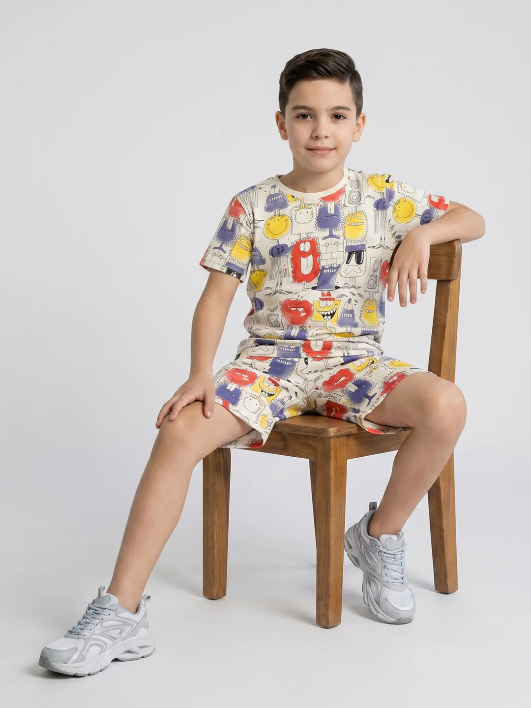 Boys Cream Printed Round Neck Half Sleeve Cords Set - Image 5