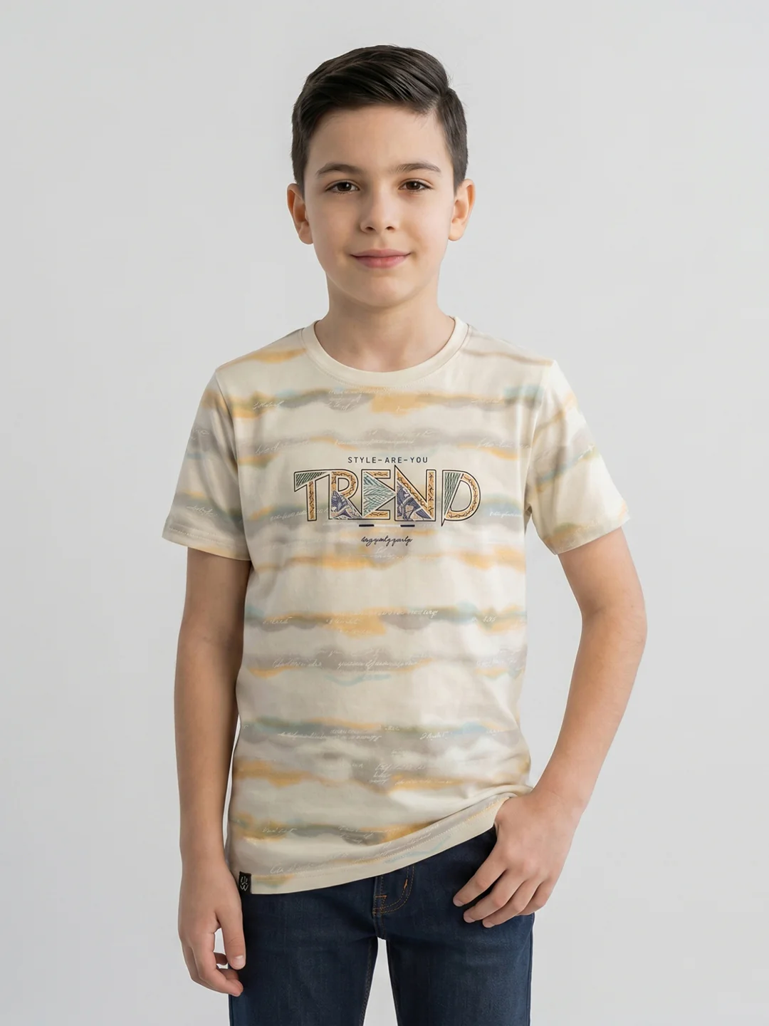 Boys Cream Printed Round Neck Half Sleeve T-Shirt