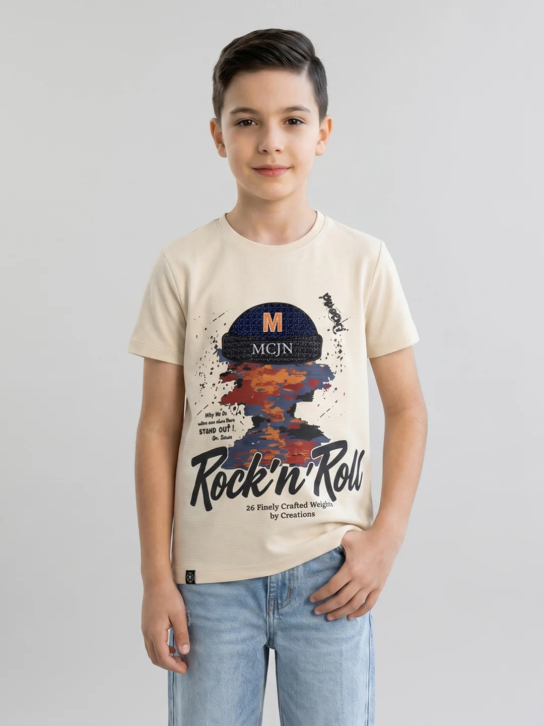 Boys Cream Printed Round Neck Half Sleeve T-Shirt