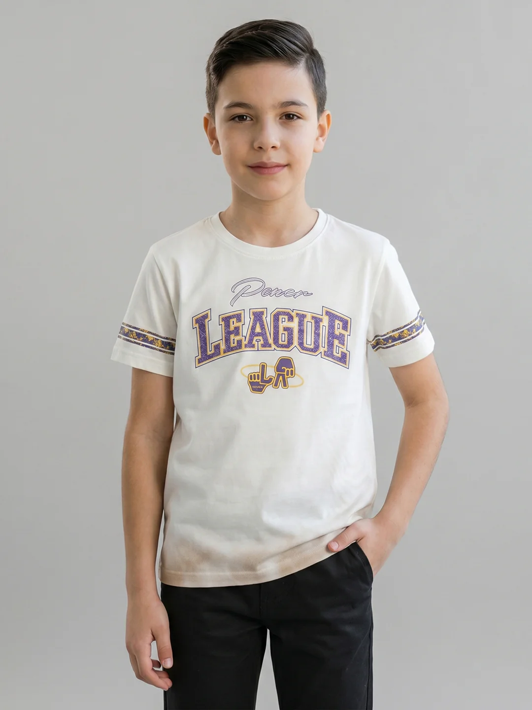 Boys Cream Printed Round Neck Half Sleeve T-Shirt