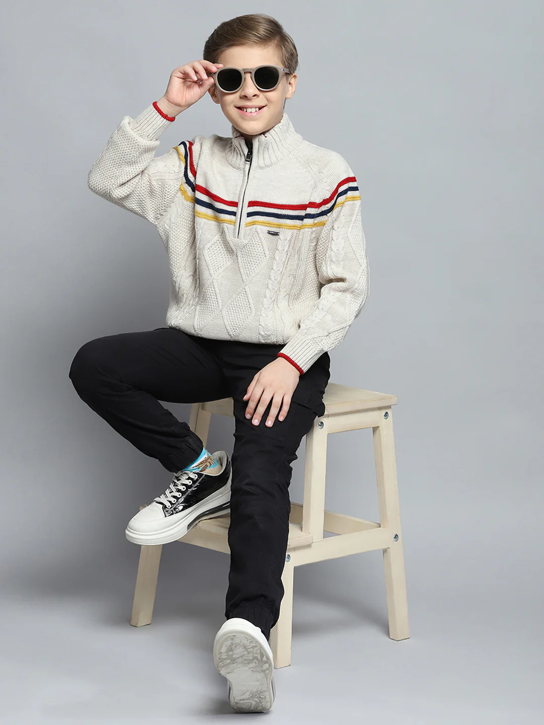Boys Cream Self Design Mock Neck Full Sleeve Pullover - Image 2