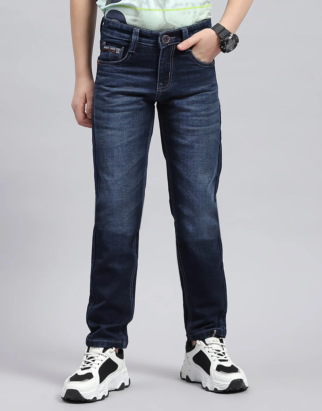Boys Dark Blue Solid Slim Fit Denim - Image 2