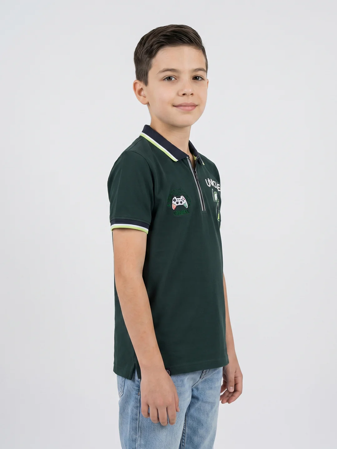 Boys Dark Green Printed Collar Half Sleeve T-Shirt - Image 2