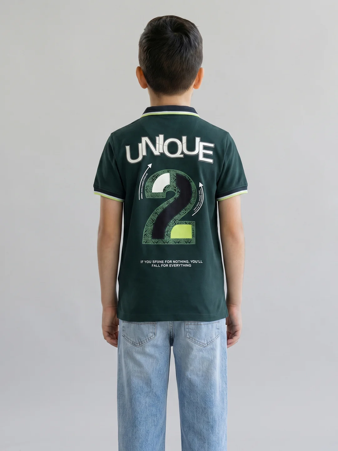 Boys Dark Green Printed Collar Half Sleeve T-Shirt - Image 4