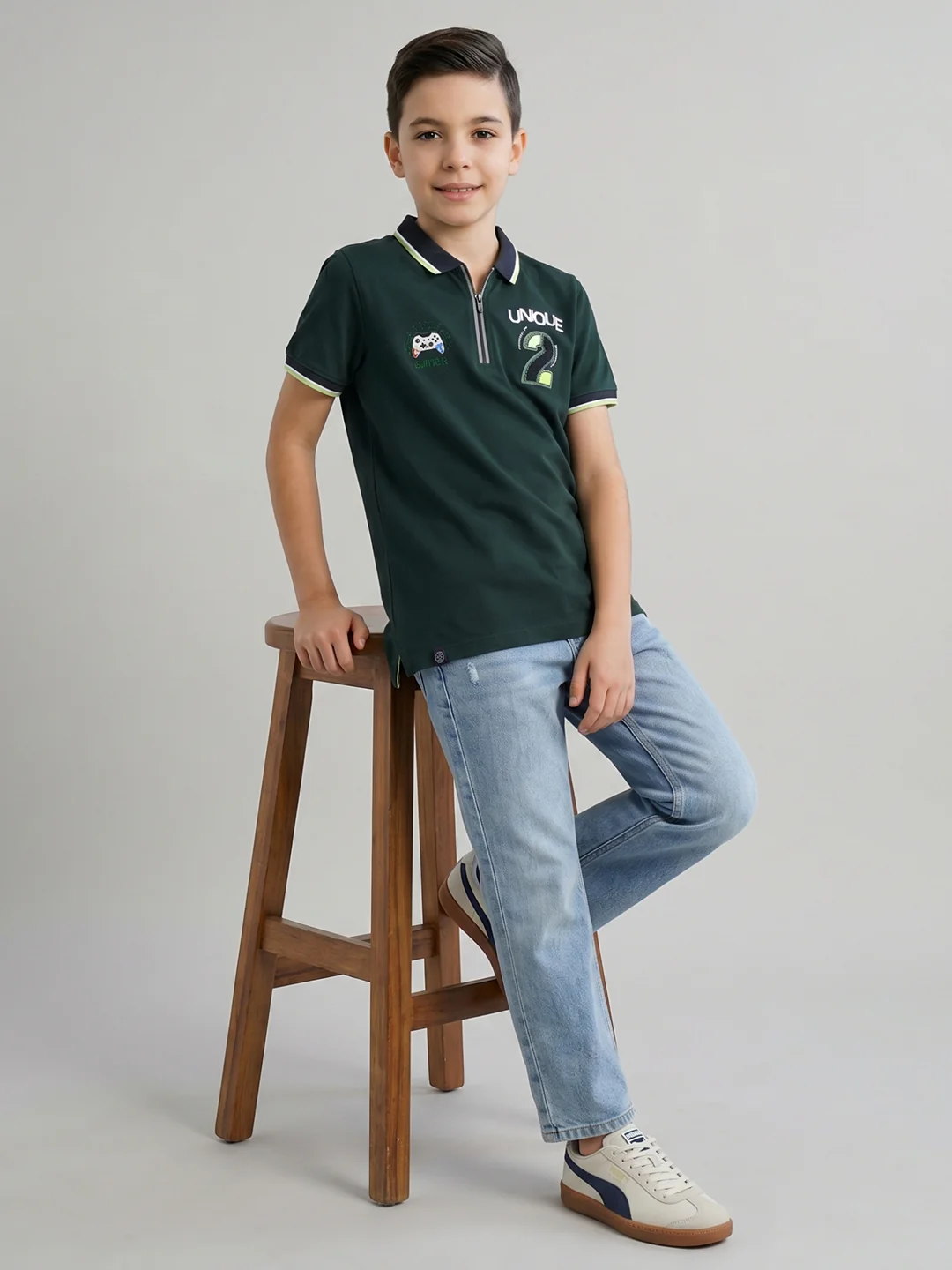 Boys Dark Green Printed Collar Half Sleeve T-Shirt - Image 5