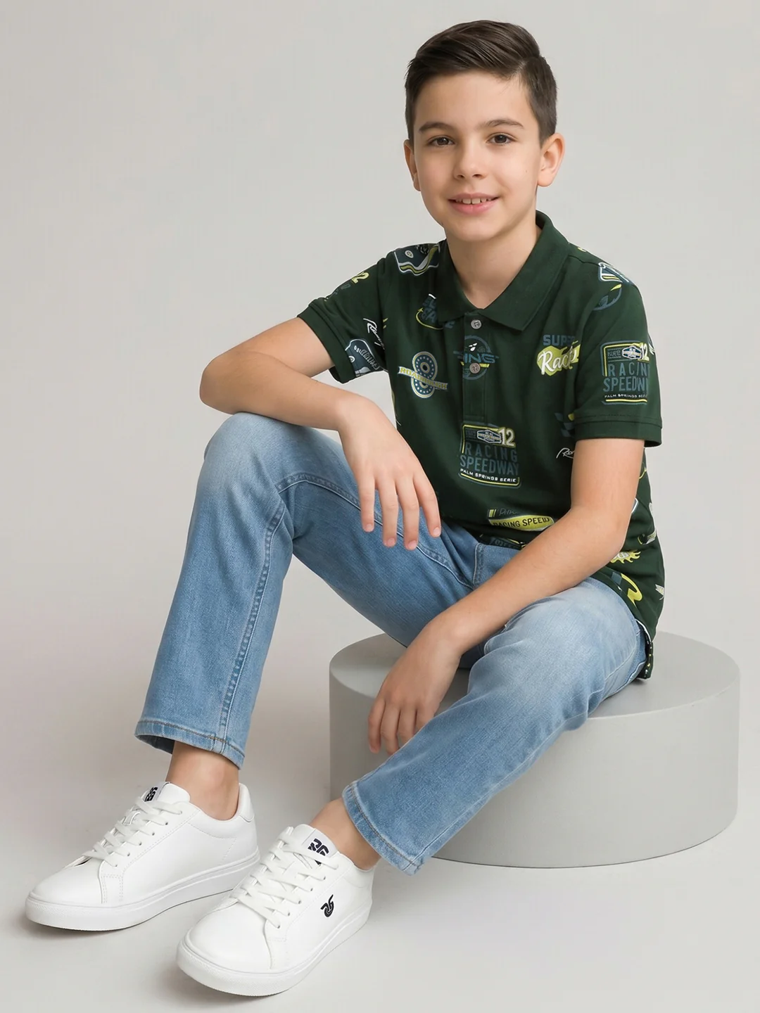 Boys Dark Green Printed Collar Half Sleeve T-Shirt - Image 5