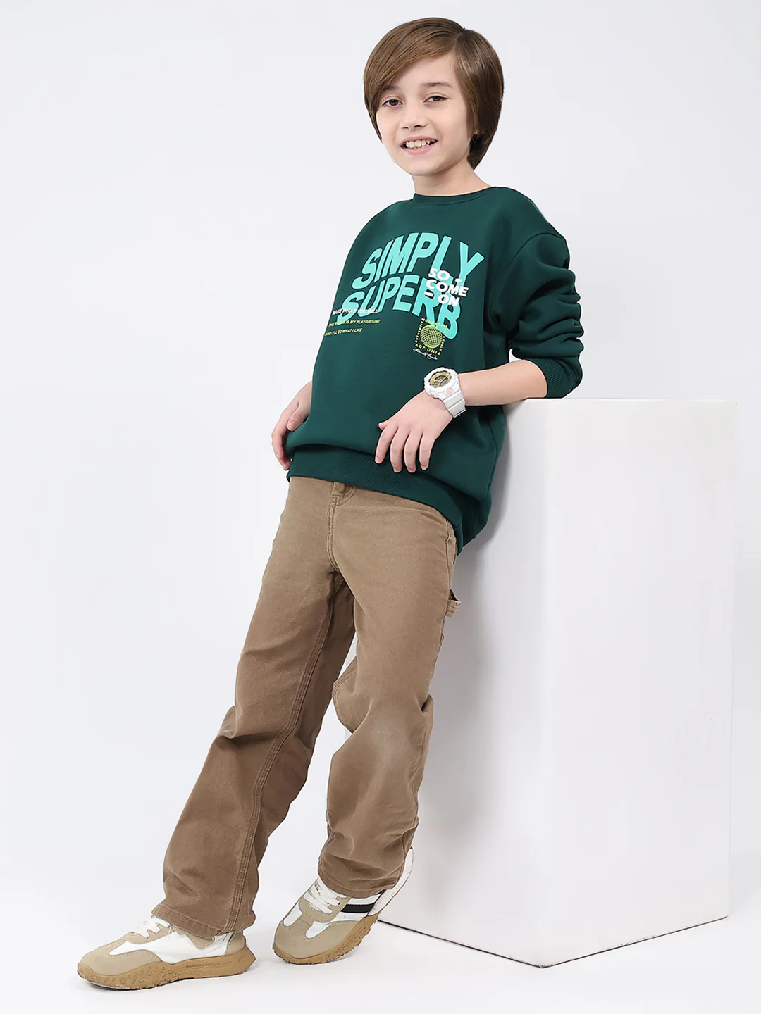 Boys Dark Green Printed Round Neck Full Sleeve Sweatshirt - Image 2
