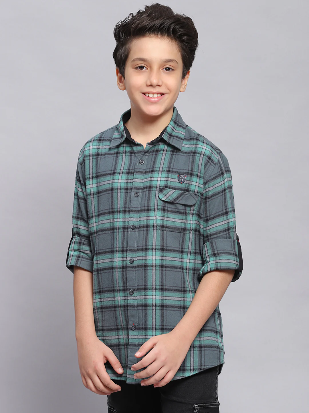 Boys Green Check Spread Collar Full Sleeve Shirts - Image 2
