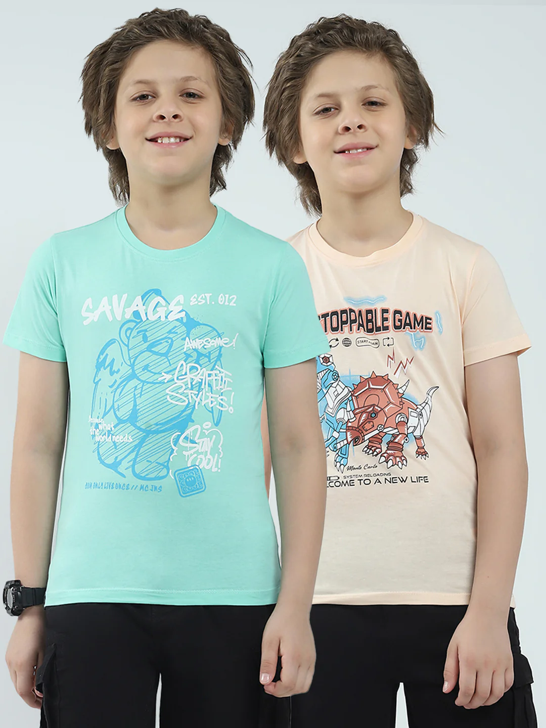 Boys Green & Peach Printed Round Neck Half Sleeve T-Shirt (Pack of 2)