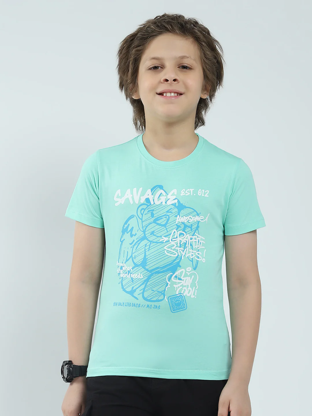Boys Green & Peach Printed Round Neck Half Sleeve T-Shirt (Pack of 2) - Image 8