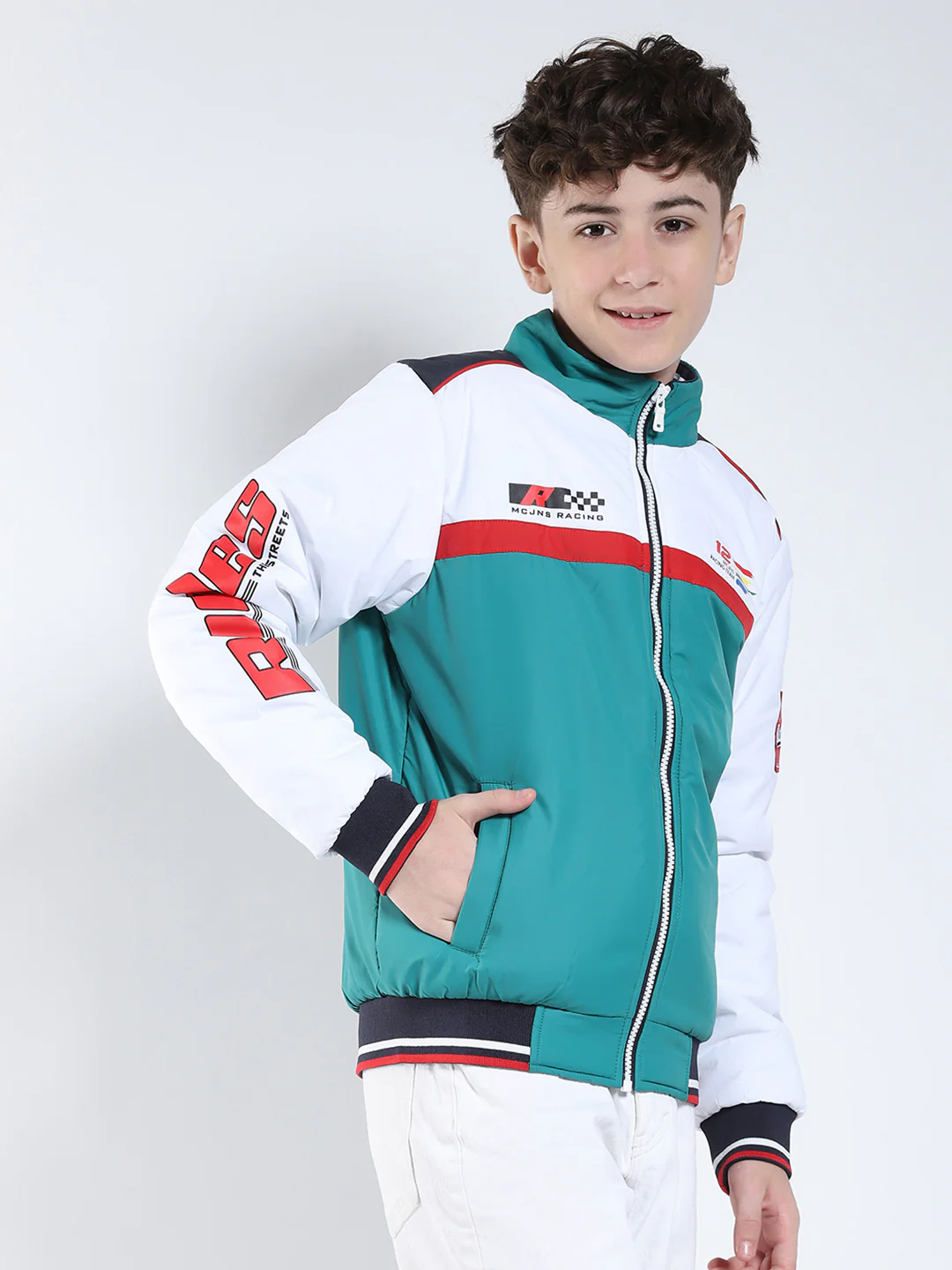 Boys Green Printed Collar Full Sleeve Boys Jacket - Image 4
