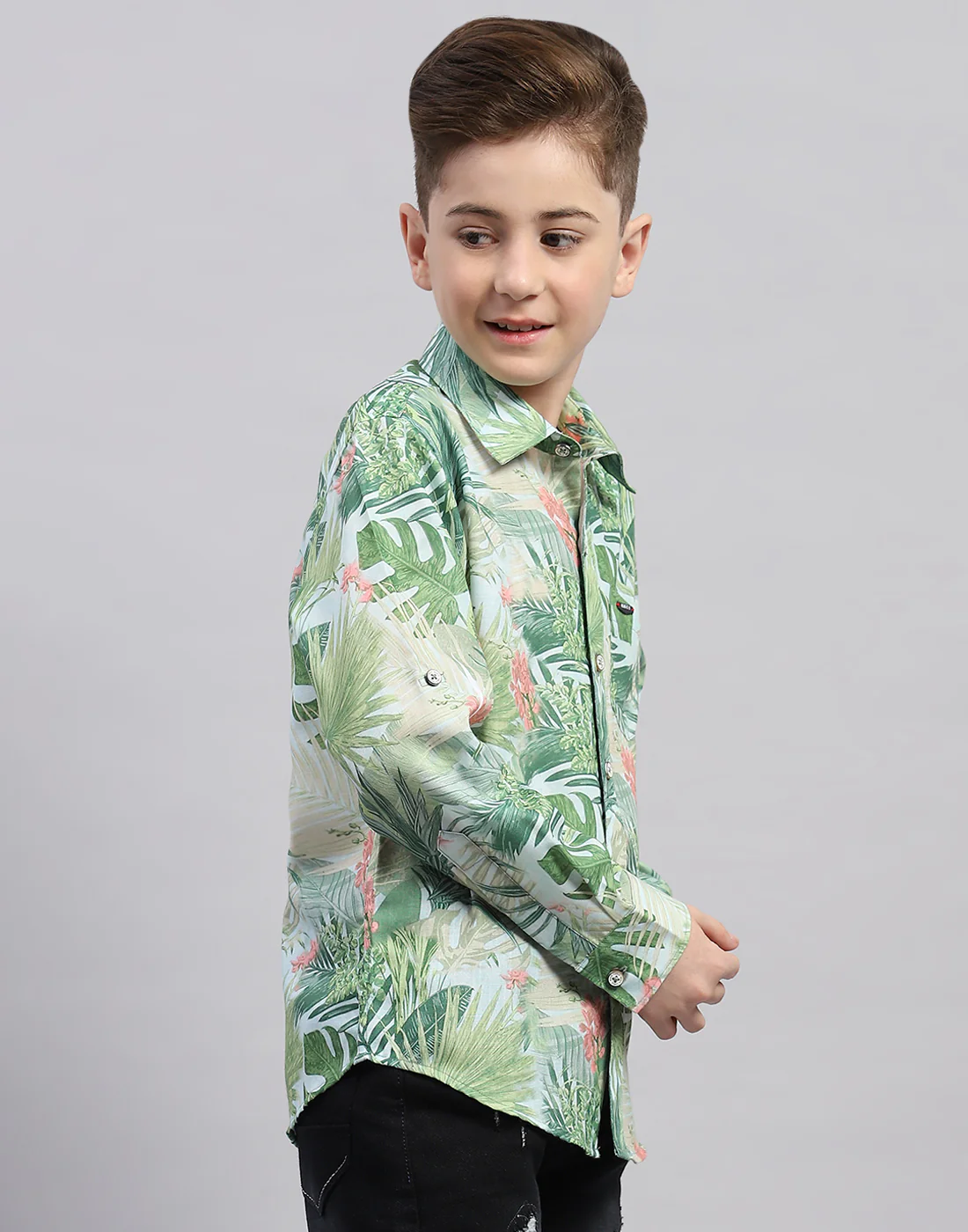 Boys Green Printed Collar Full Sleeve Shirt - Image 4
