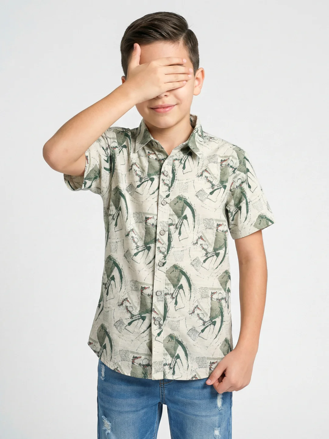 Boys Green Printed Collar Half Sleeve Shirt - Image 3