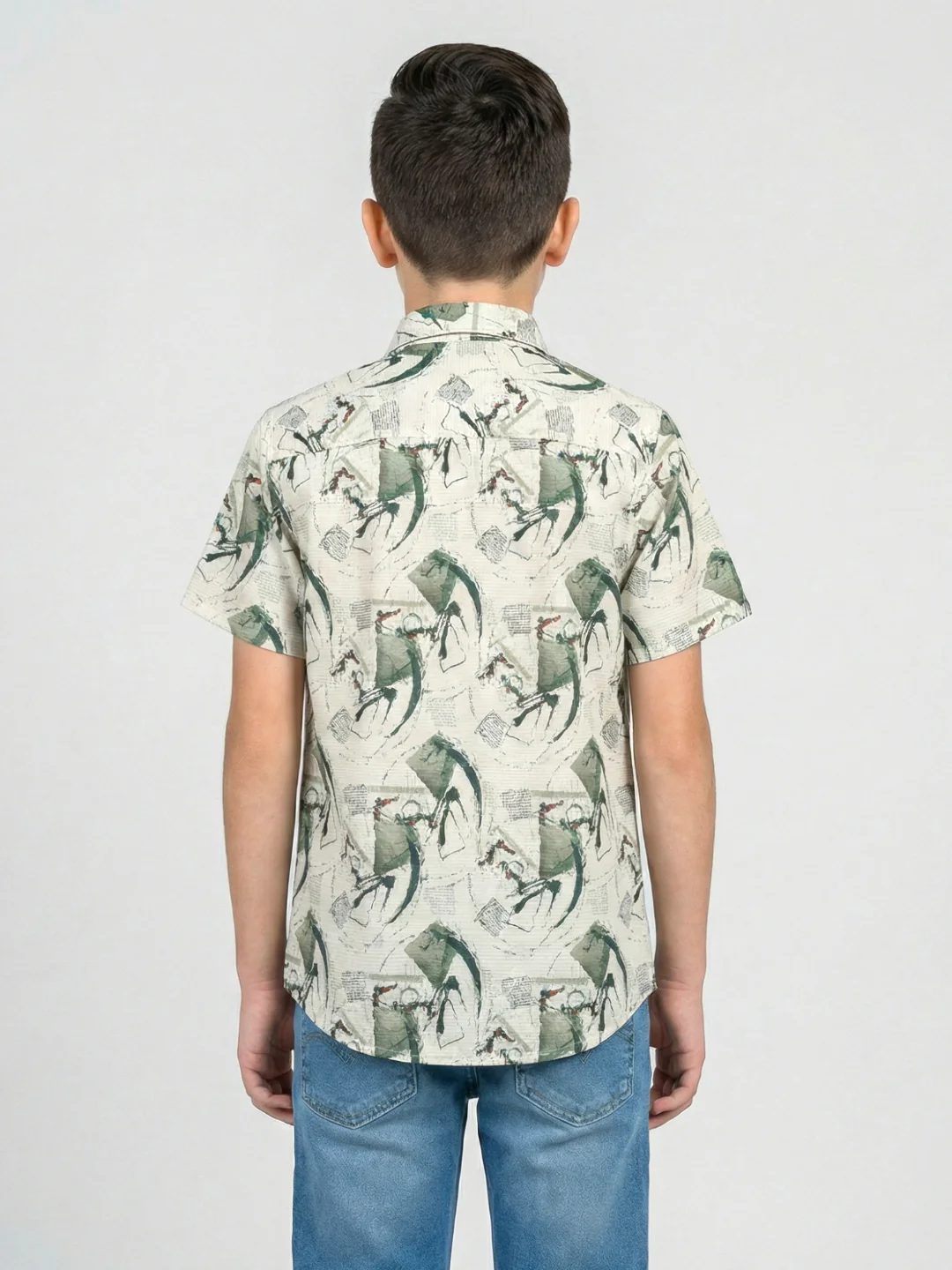Boys Green Printed Collar Half Sleeve Shirt - Image 4