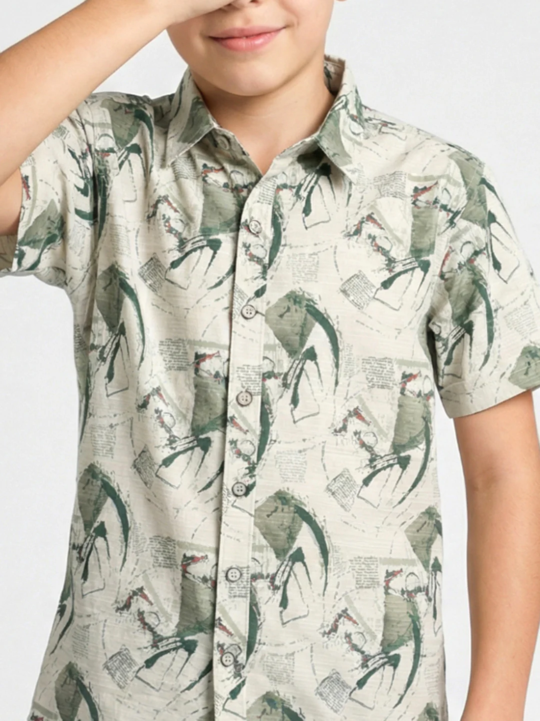 Boys Green Printed Collar Half Sleeve Shirt - Image 5