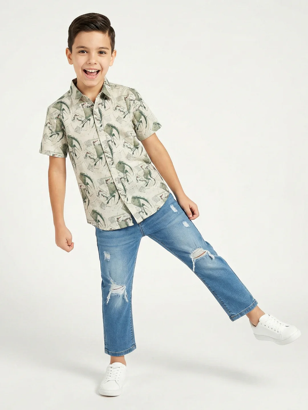 Boys Green Printed Collar Half Sleeve Shirt - Image 6