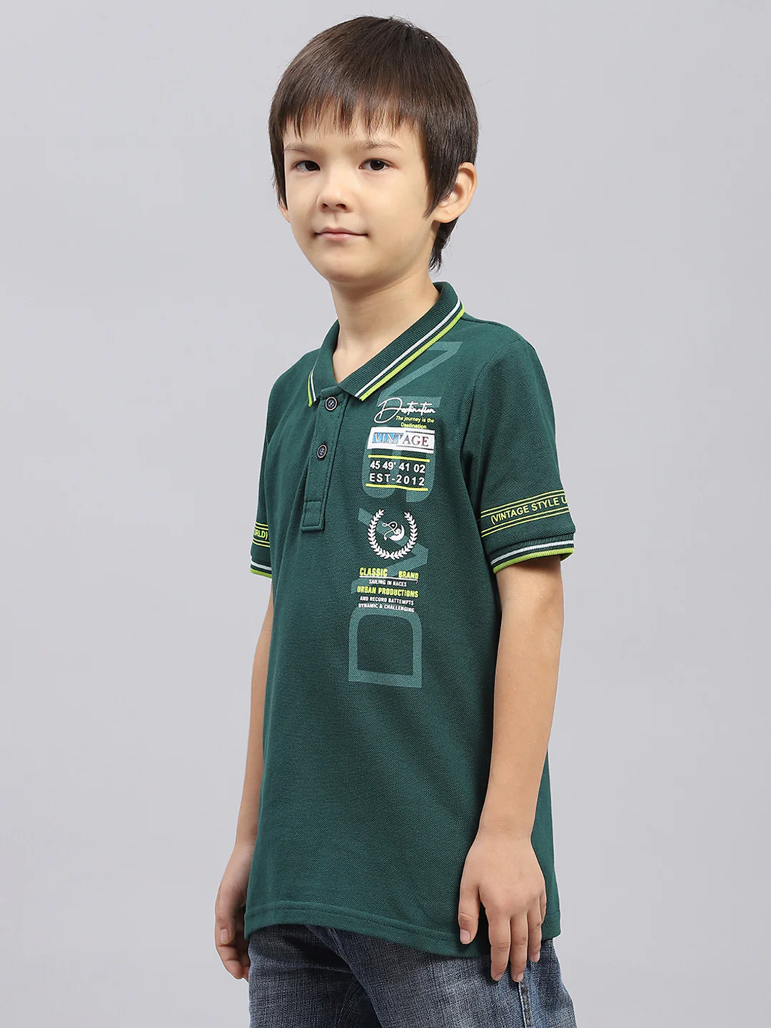 Boys Green Printed Collar Half Sleeve T-Shirt - Image 3