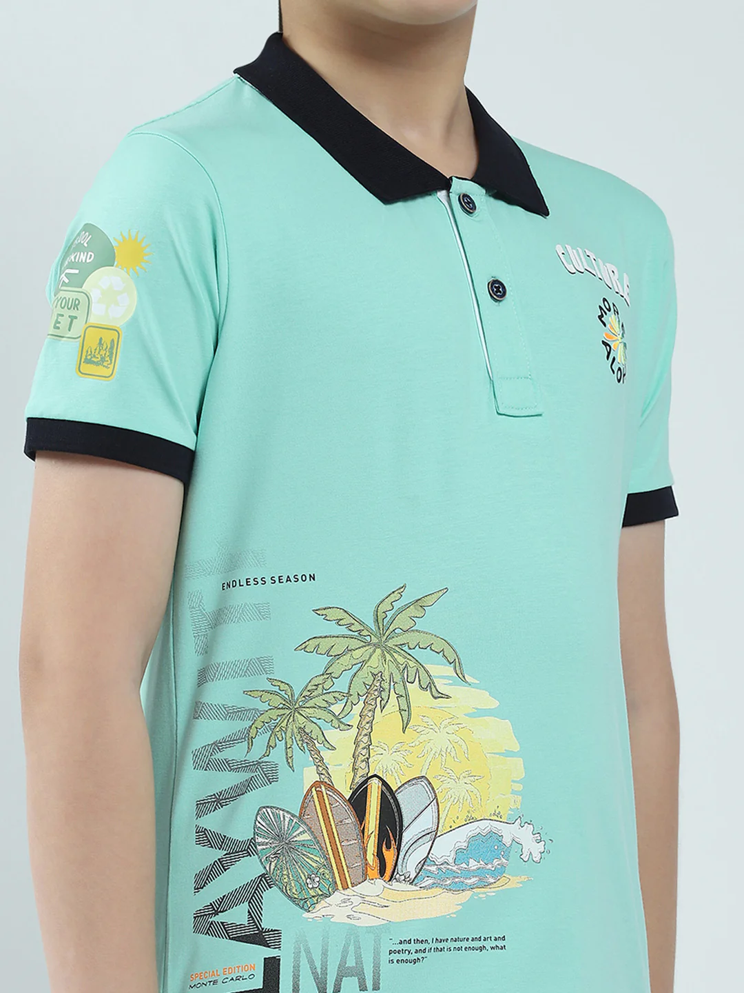 Boys Green Printed Collar Half Sleeve T-Shirt - Image 6