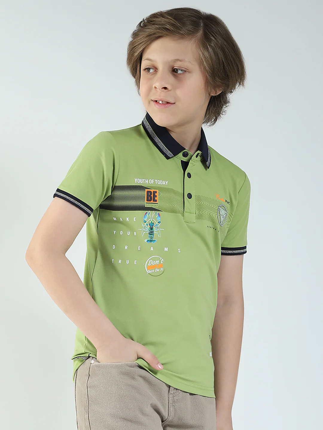 Boys Green Printed Collar Half Sleeve T-Shirt - Image 4