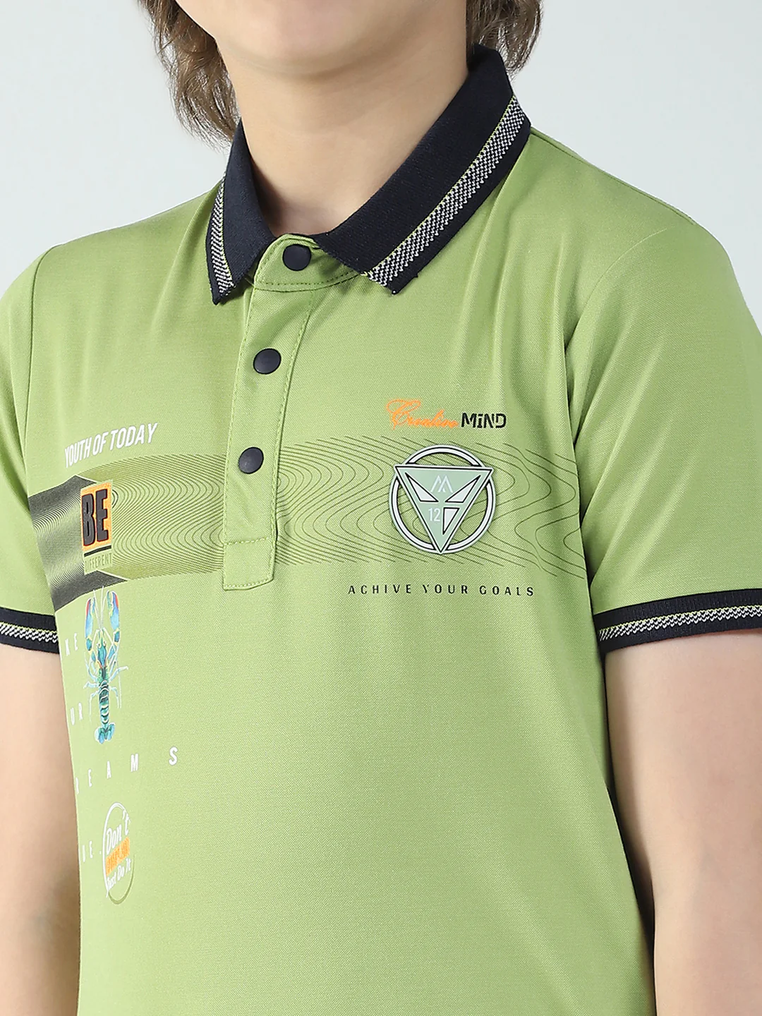 Boys Green Printed Collar Half Sleeve T-Shirt - Image 6