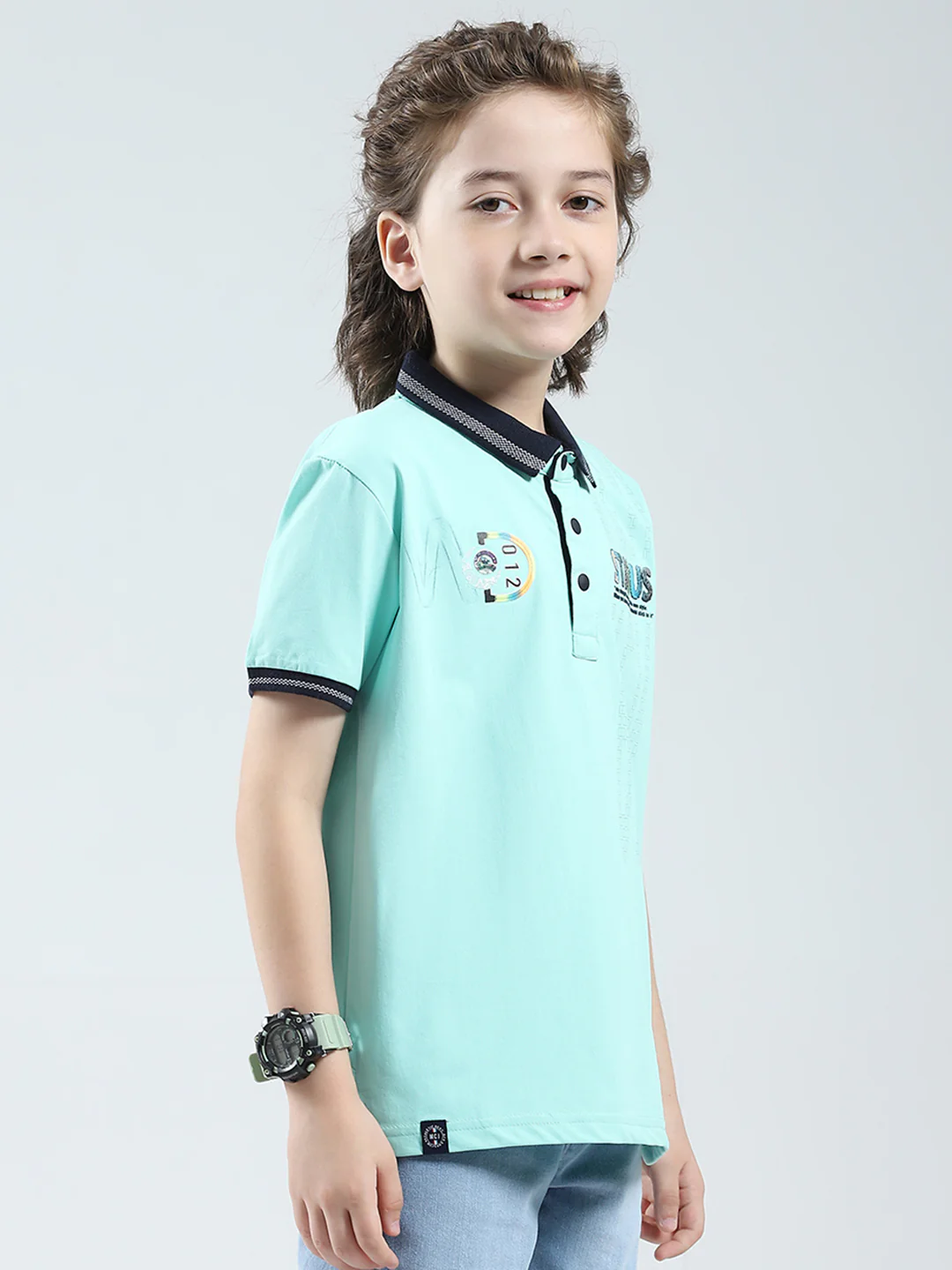 Boys Green Printed Collar Half Sleeve T-Shirt - Image 4
