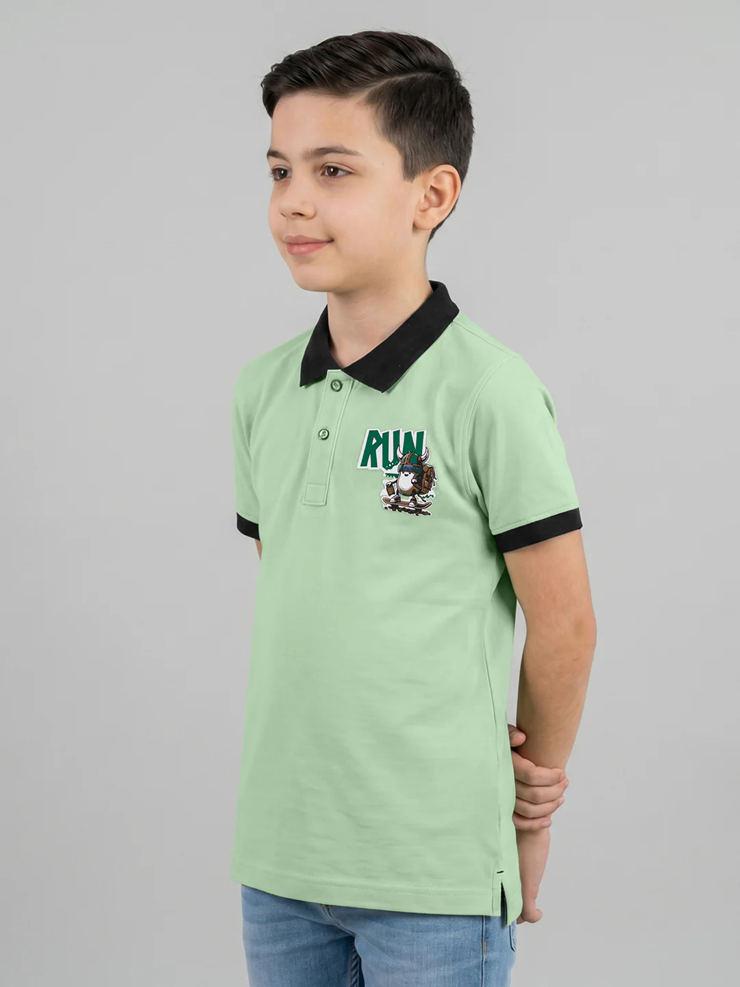 Boys Green Printed Collar Half Sleeve T-Shirt - Image 2