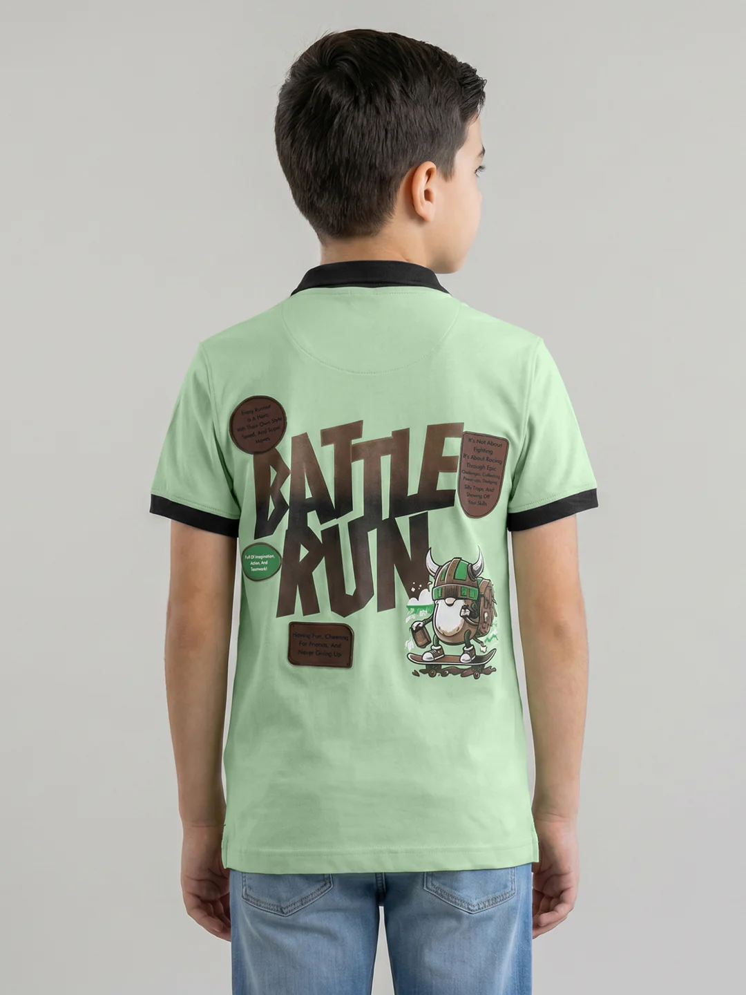 Boys Green Printed Collar Half Sleeve T-Shirt - Image 3