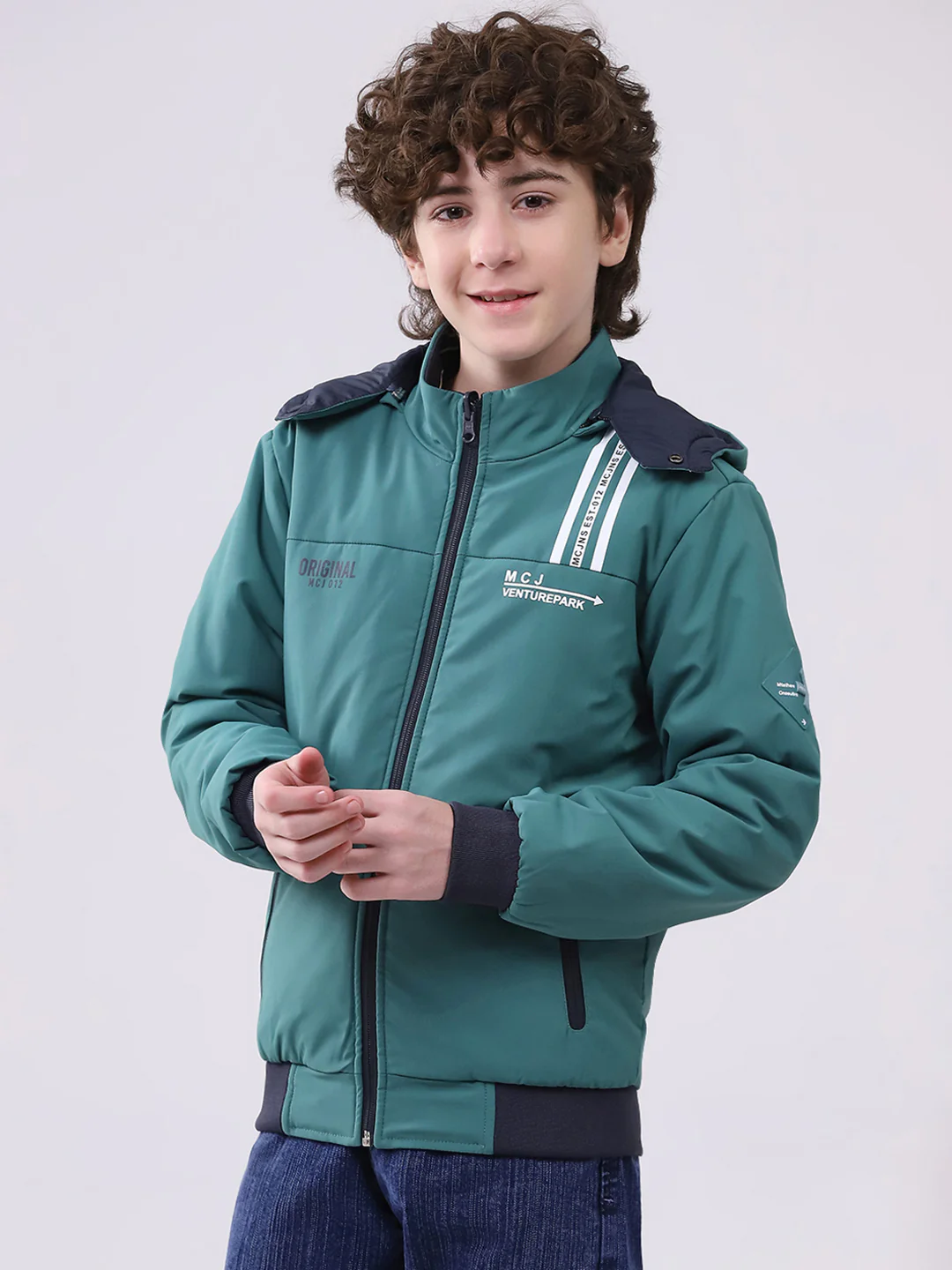Boys Green Printed Hooded Full Sleeve Boys Reversible Jacket - Image 3
