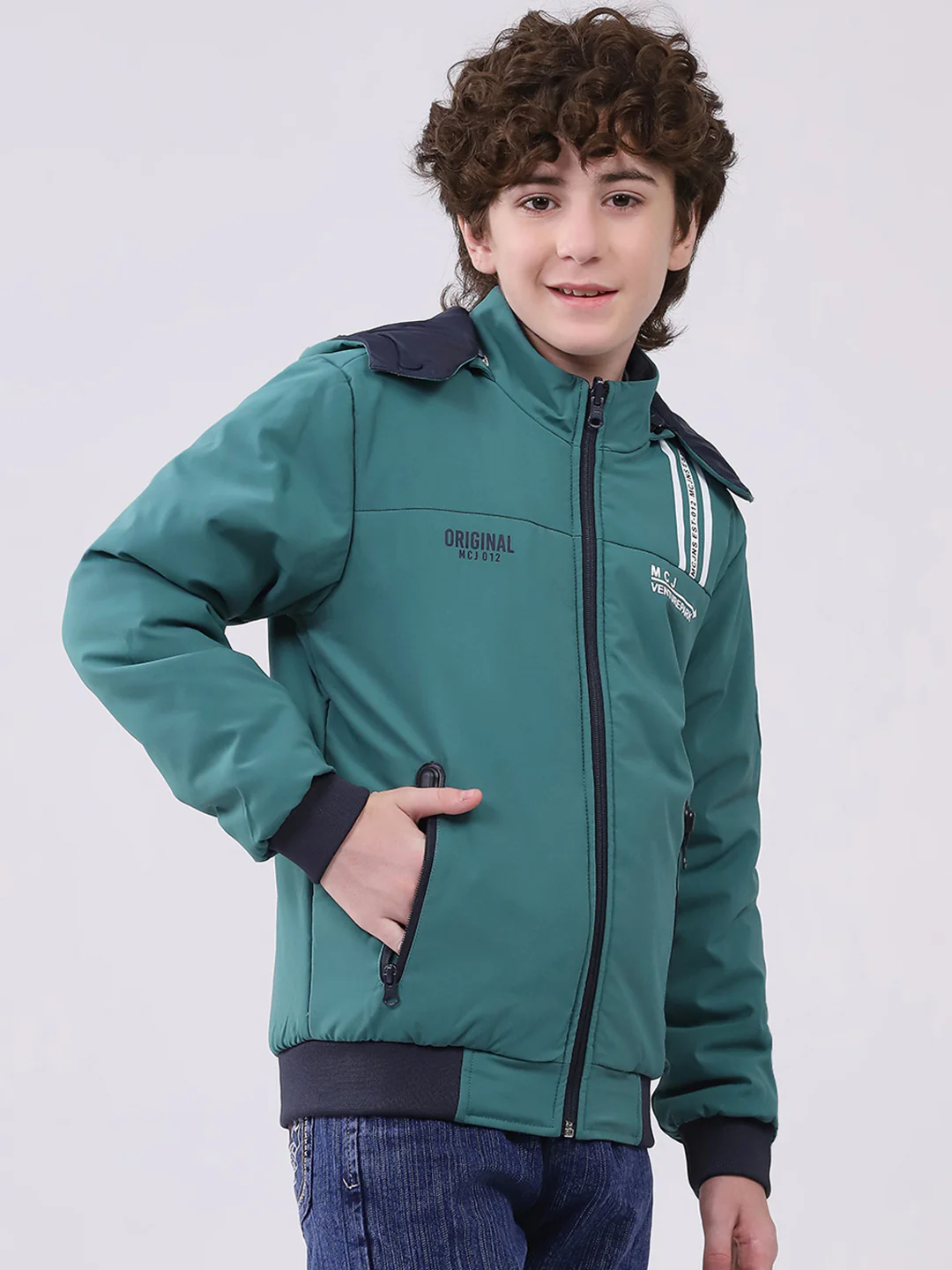 Boys Green Printed Hooded Full Sleeve Boys Reversible Jacket - Image 4