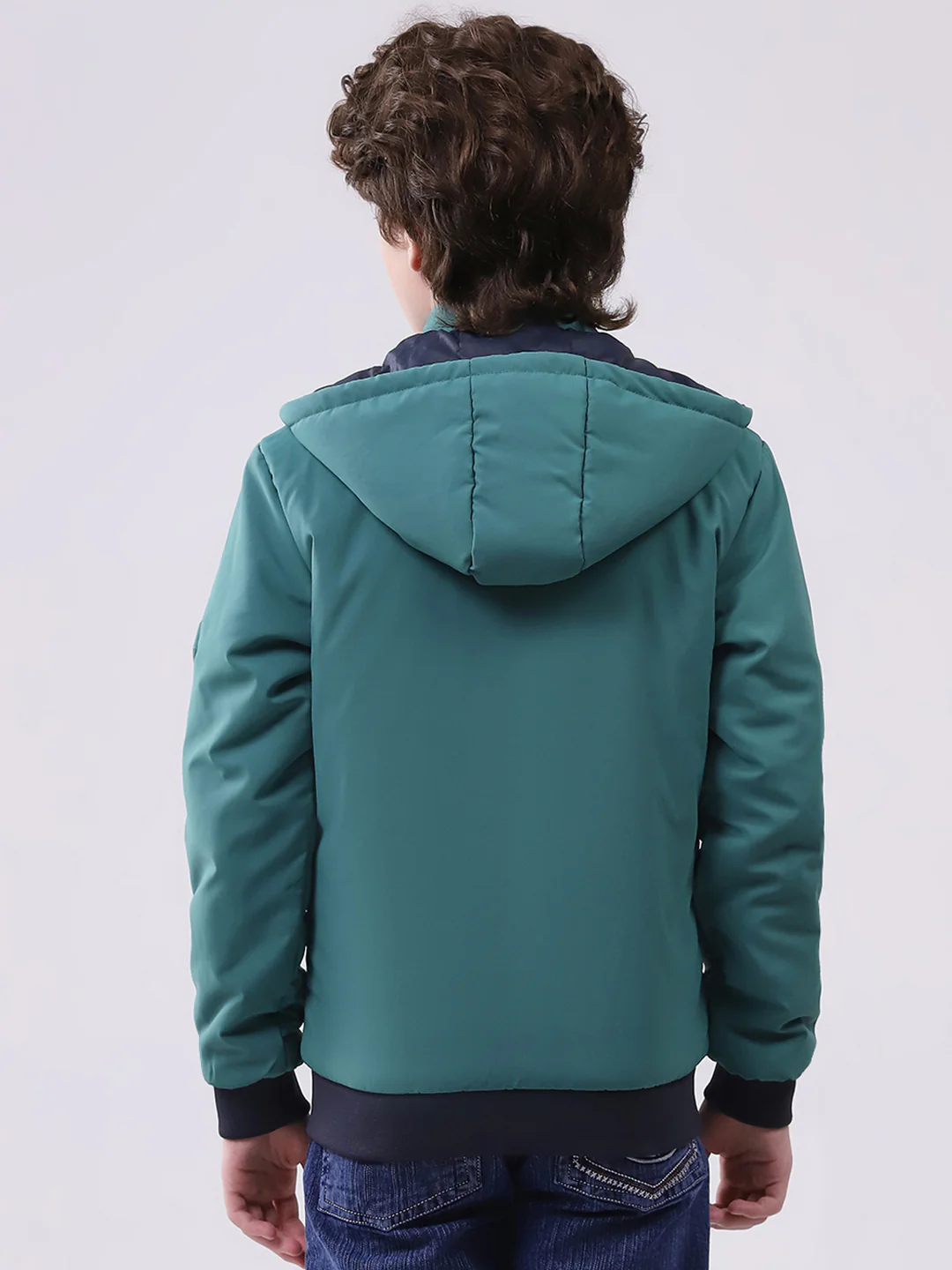 Boys Green Printed Hooded Full Sleeve Boys Reversible Jacket - Image 5