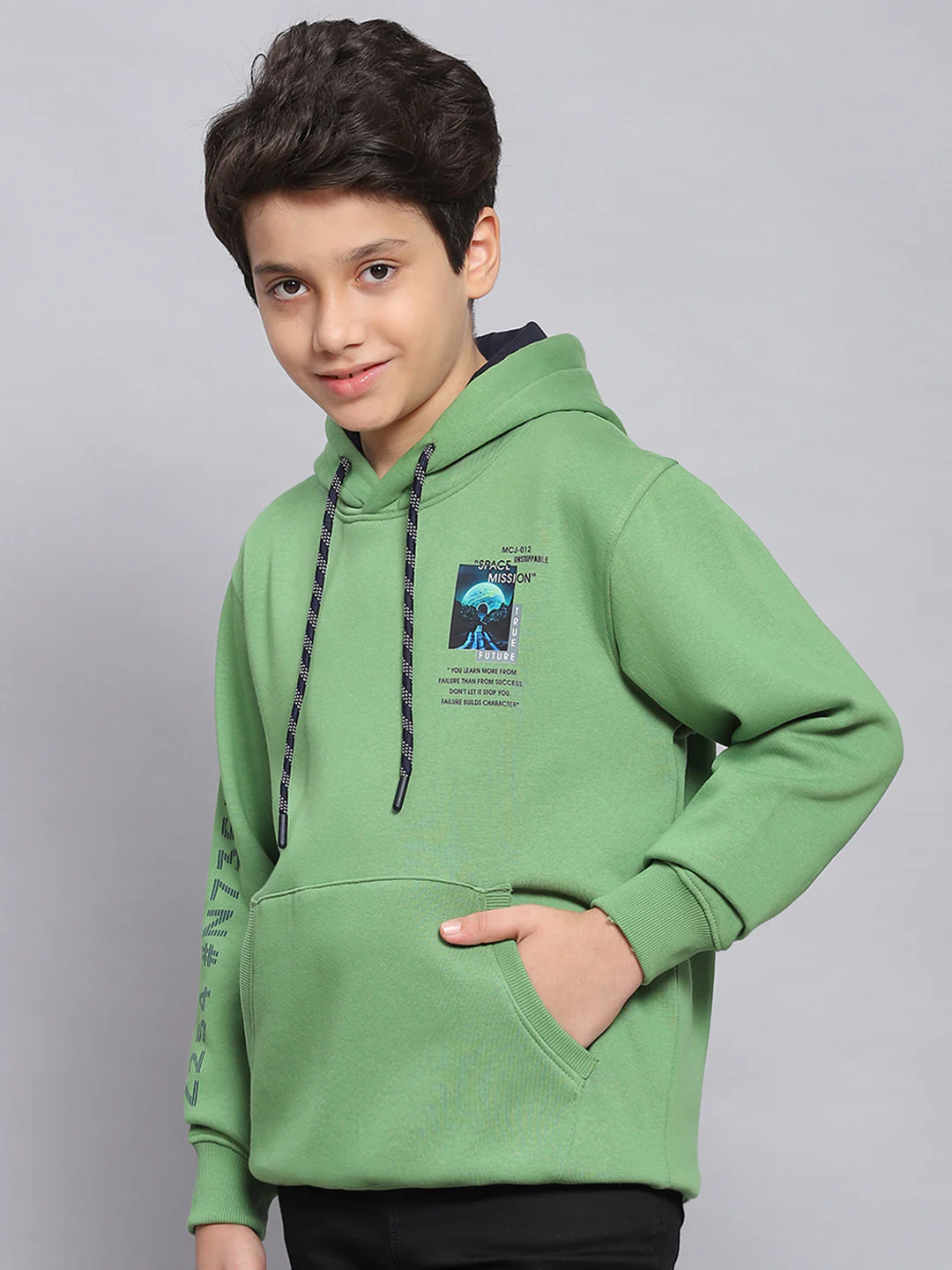 Boys Green Printed Hooded Full Sleeve Sweatshirt - Image 4