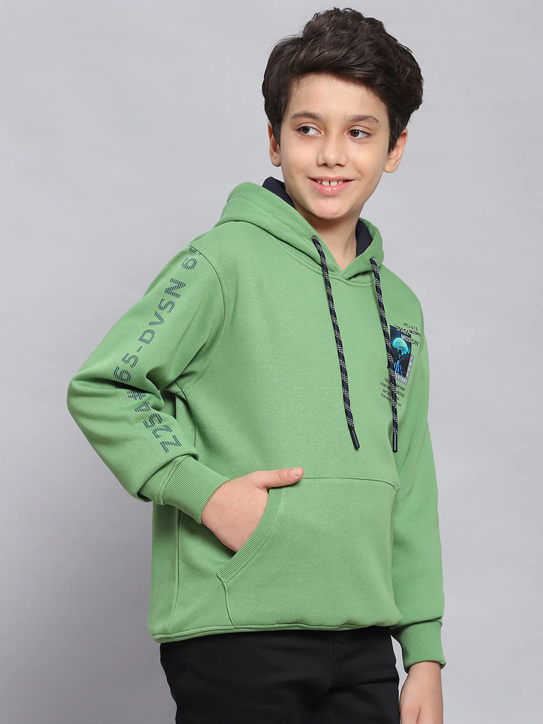 Boys Green Printed Hooded Full Sleeve Sweatshirt - Image 6