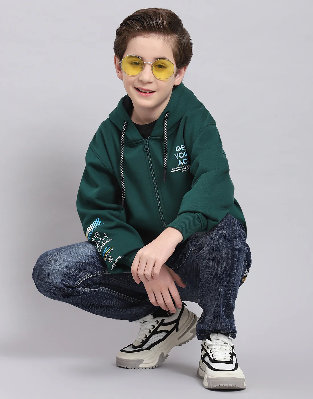 Boys Green Printed Hooded Full Sleeve Sweatshirt - Image 2
