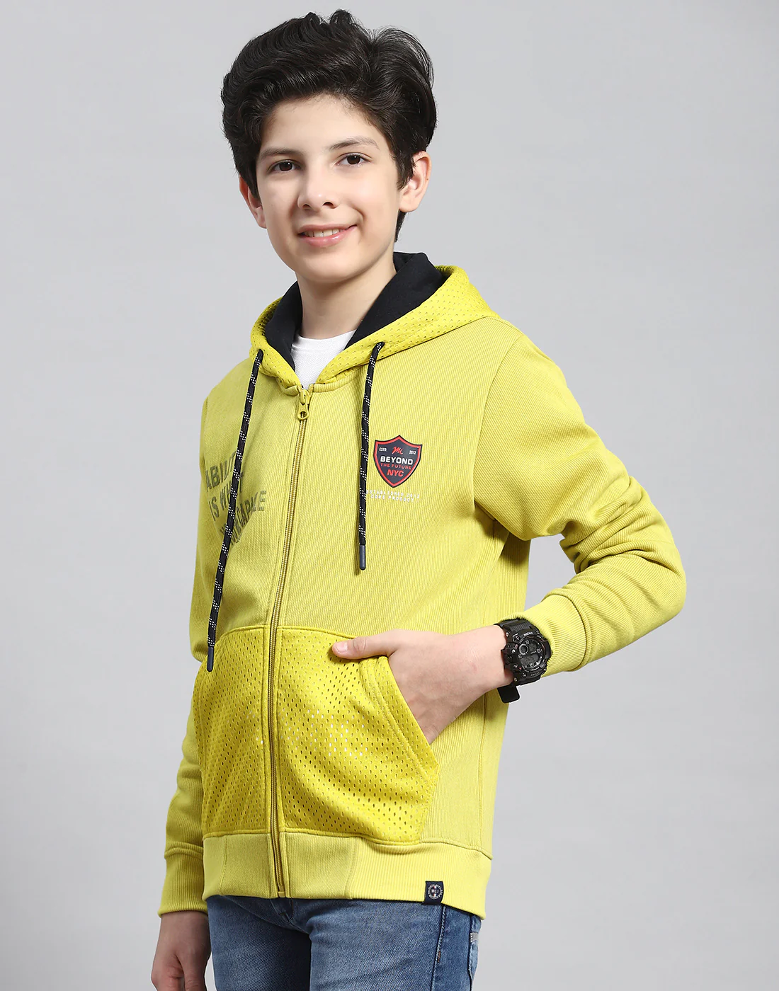 Boys Green Printed Hooded Full Sleeve Sweatshirt - Image 3