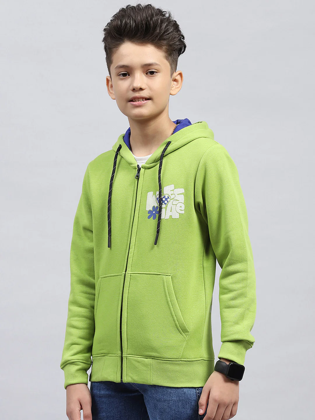 Boys Green Printed Hooded Full Sleeve Sweatshirt - Image 3